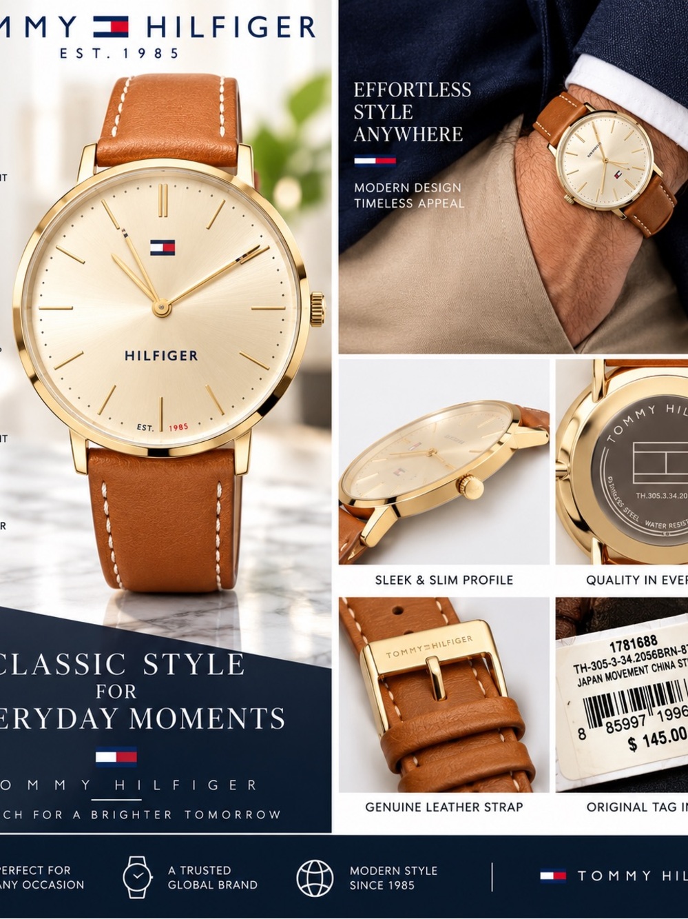 Tommy Hilfiger Men's Gold Case Brown Leather Strap Watch